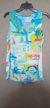 Crown & Ivy Tropical Scenic Print Sleeveless Rayon Blouse Size M